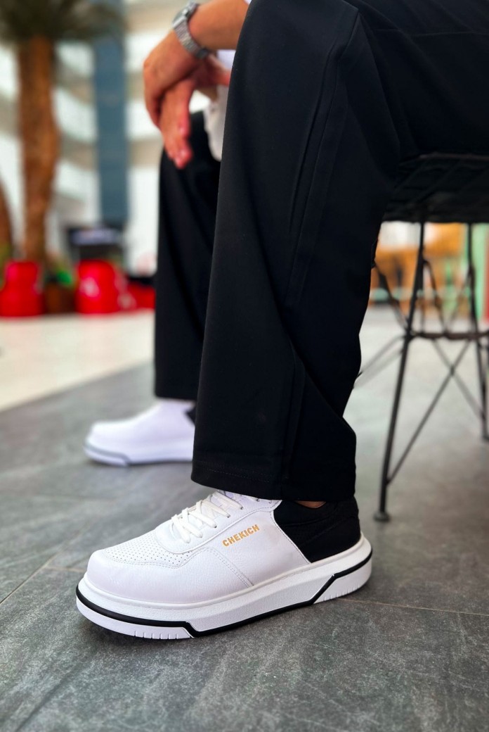 CH075 Signature Erkek Günlük Bağcıklı Cilt Spor Sneaker Ayakkabı CBST - Beyaz/Siyah