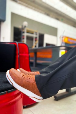 CH075 Signature Erkek Günlük Bağcıklı Cilt Spor Sneaker Ayakkabı CBTT - Taba