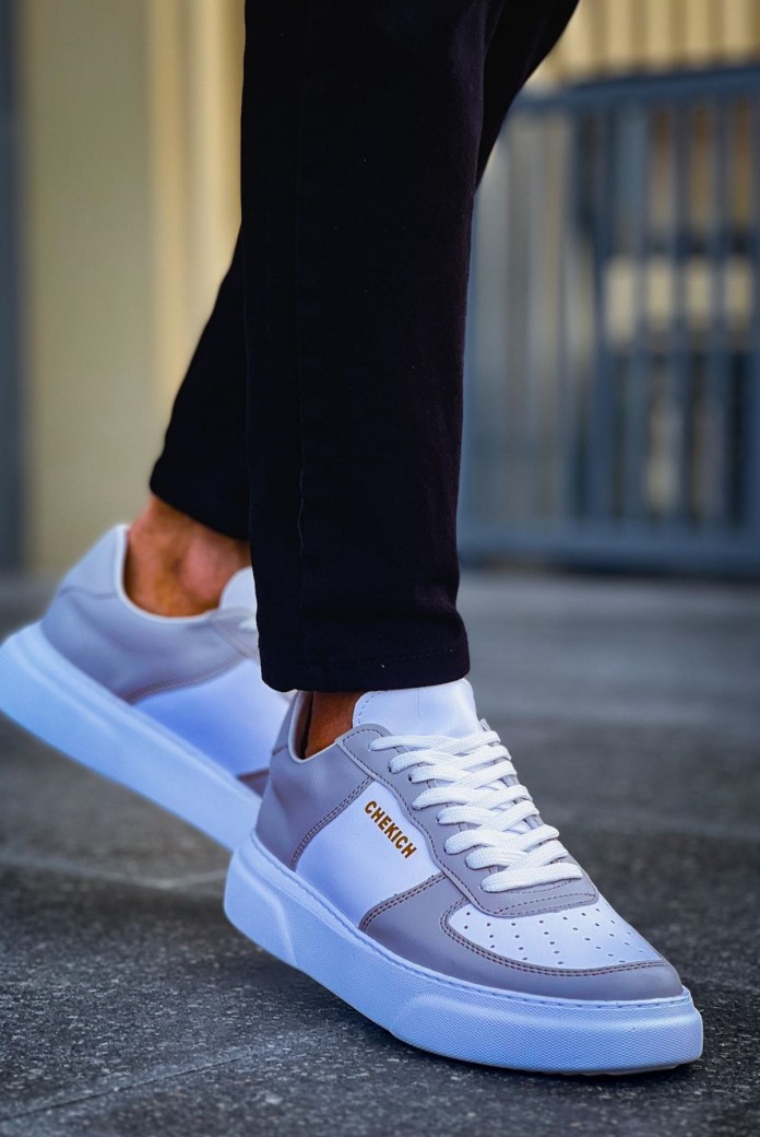 CH087 Kenton Erkek Günlük Bağcıklı Cilt Spor Sneaker Ayakkabı CBT - Beyaz/Gri