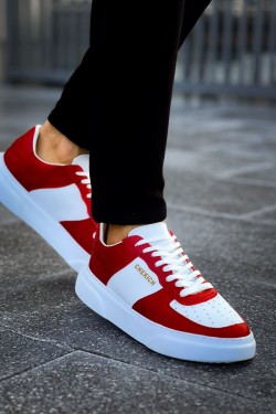 CH087 Kenton Erkek Günlük Bağcıklı Cilt Spor Sneaker Ayakkabı CBT - Beyaz/Kırmızı