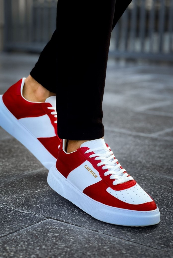 CH087 Kenton Erkek Günlük Bağcıklı Cilt Spor Sneaker Ayakkabı CBT - Beyaz/Kırmızı