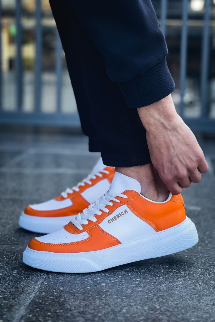 CH087 Kenton Erkek Günlük Bağcıklı Cilt Spor Sneaker Ayakkabı CBT - Beyaz/Turuncu