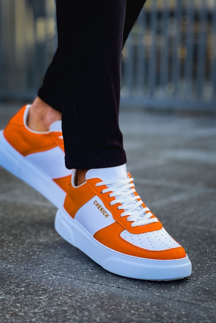 CH087 Kenton Erkek Günlük Bağcıklı Cilt Spor Sneaker Ayakkabı CBT - Beyaz/Turuncu