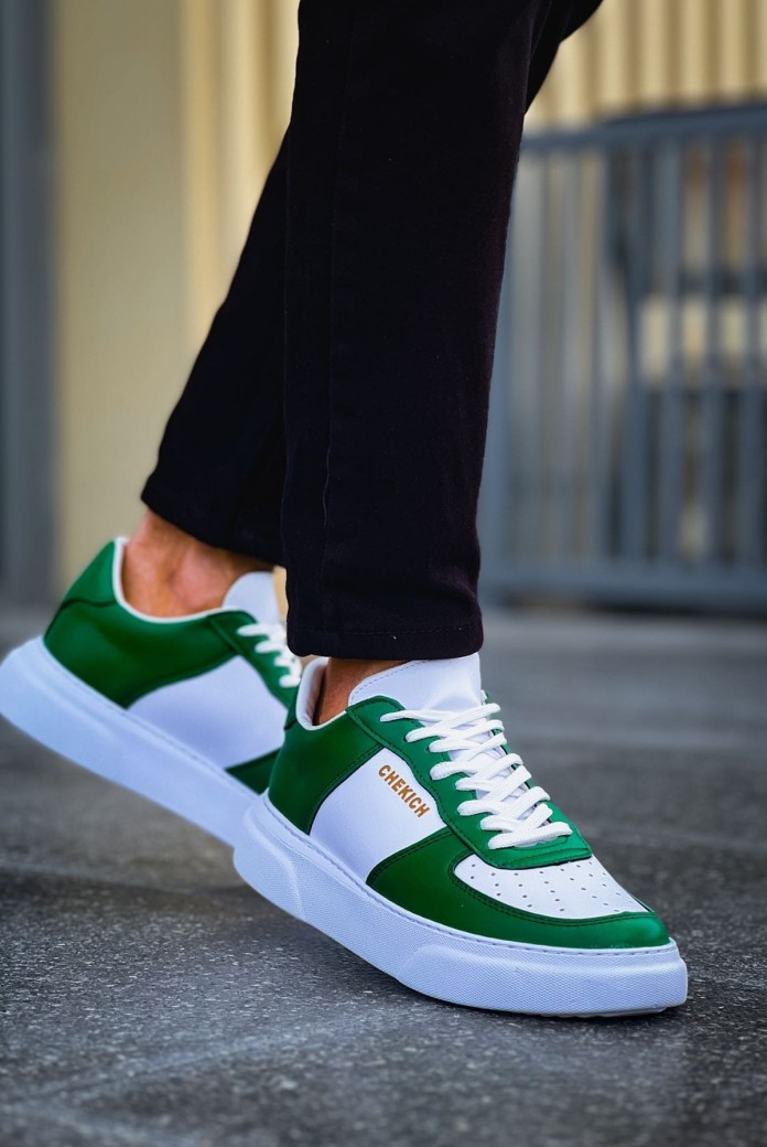 CH087 Kenton Erkek Günlük Bağcıklı Cilt Spor Sneaker Ayakkabı CBT - Beyaz/Yeşil