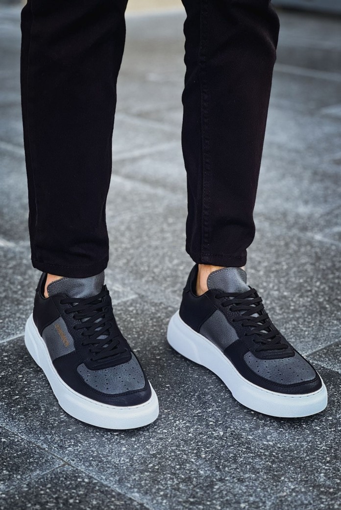 CH087 Kenton Erkek Günlük Bağcıklı Cilt Spor Sneaker Ayakkabı CBT - Siyah/Antrasit
