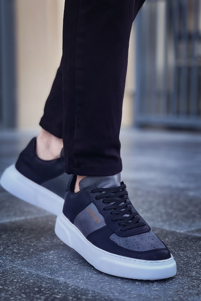 CH087 Kenton Erkek Günlük Bağcıklı Cilt Spor Sneaker Ayakkabı CBT - Siyah/Antrasit