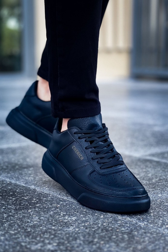 CH087 Kenton Erkek Günlük Bağcıklı Cilt Spor Sneaker Ayakkabı CST - Siyah