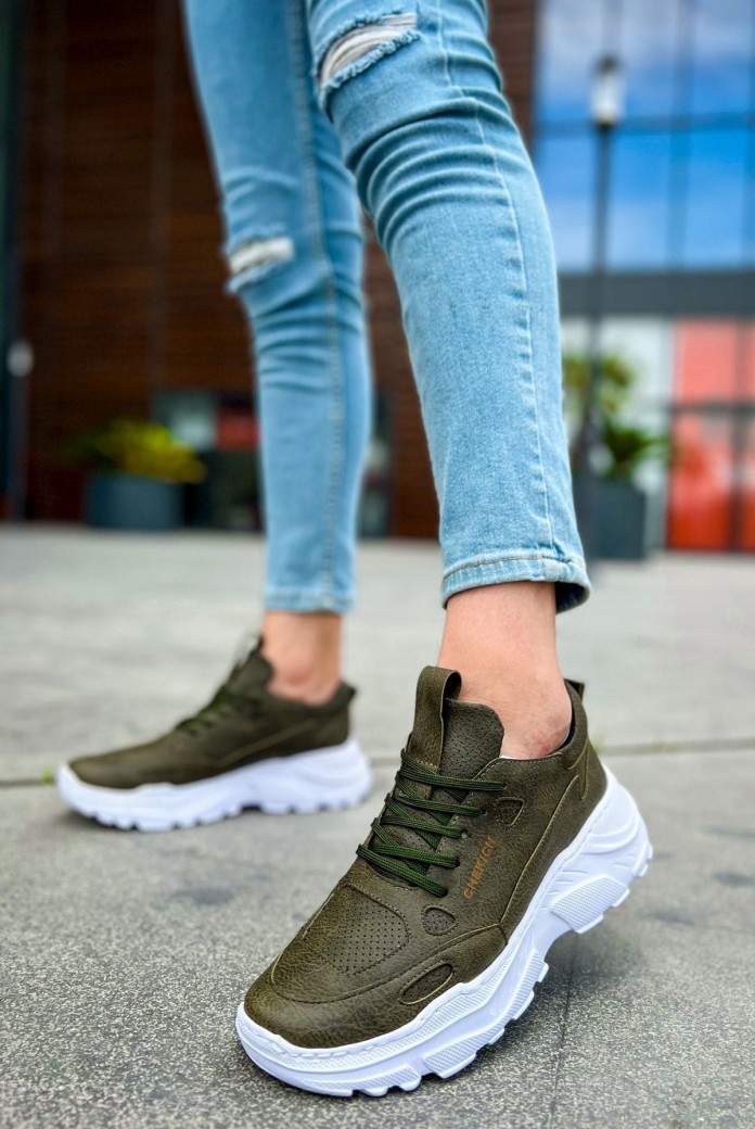 CH089 Low Top Lace Up Erkek Günlük Bağcıklı Cilt Spor Sneaker Ayakkabı CBT - Haki
