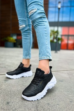 CH089 Low Top Lace Up Erkek Günlük Bağcıklı Cilt Spor Sneaker Ayakkabı CBT - Siyah