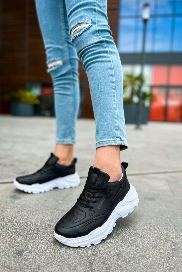 CH089 Low Top Lace Up Erkek Günlük Bağcıklı Cilt Spor Sneaker Ayakkabı CBT - Siyah