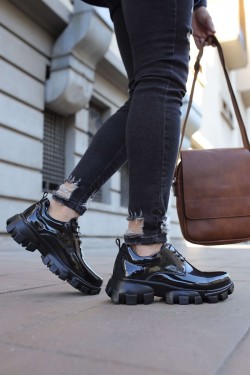 CH093 Castle Erkek Günlük Bağcıklı Rugan Klasik Ayakkabı RST - Siyah