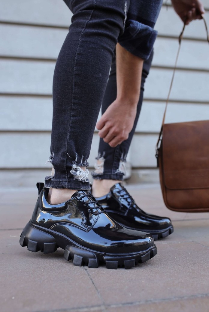 CH093 Castle Erkek Günlük Bağcıklı Rugan Klasik Ayakkabı RST - Siyah