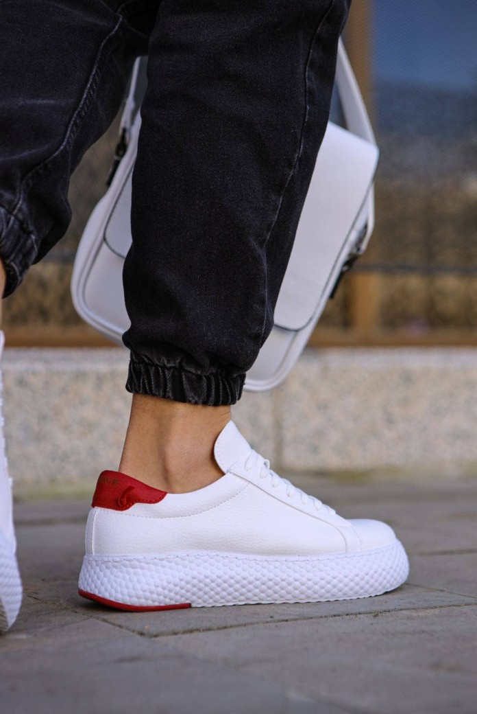 CH107 Felibord Erkek Günlük Bağcıklı Cilt Spor Sneaker Ayakkabı CBT - Beyaz/Kırmızı
