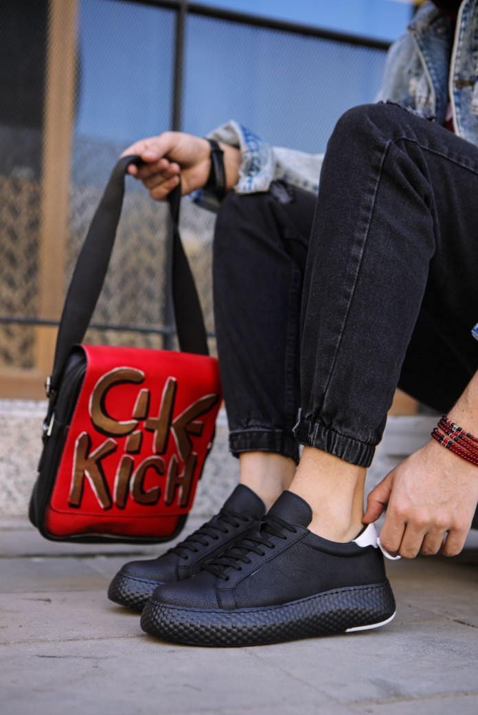CH107 Felibord Erkek Günlük Bağcıklı Cilt Spor Sneaker Ayakkabı CST - Siyah/Beyaz