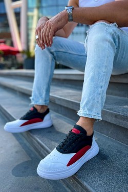 CH115 Literide Erkek Günlük Bağcıklı Cilt Spor Sneaker Ayakkabı CBT - Beyaz/Kırmızı/Siyah