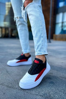 CH115 Literide Erkek Günlük Bağcıklı Cilt Spor Sneaker Ayakkabı CBT - Beyaz/Kırmızı/Siyah