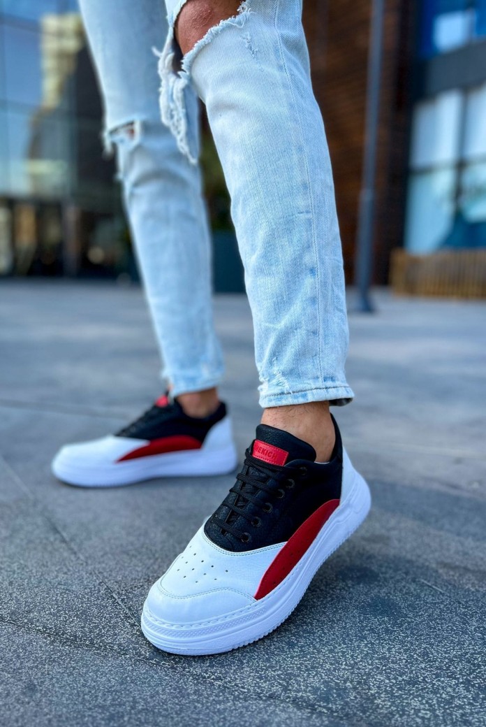 CH115 Literide Erkek Günlük Bağcıklı Cilt Spor Sneaker Ayakkabı CBT - Beyaz/Kırmızı/Siyah