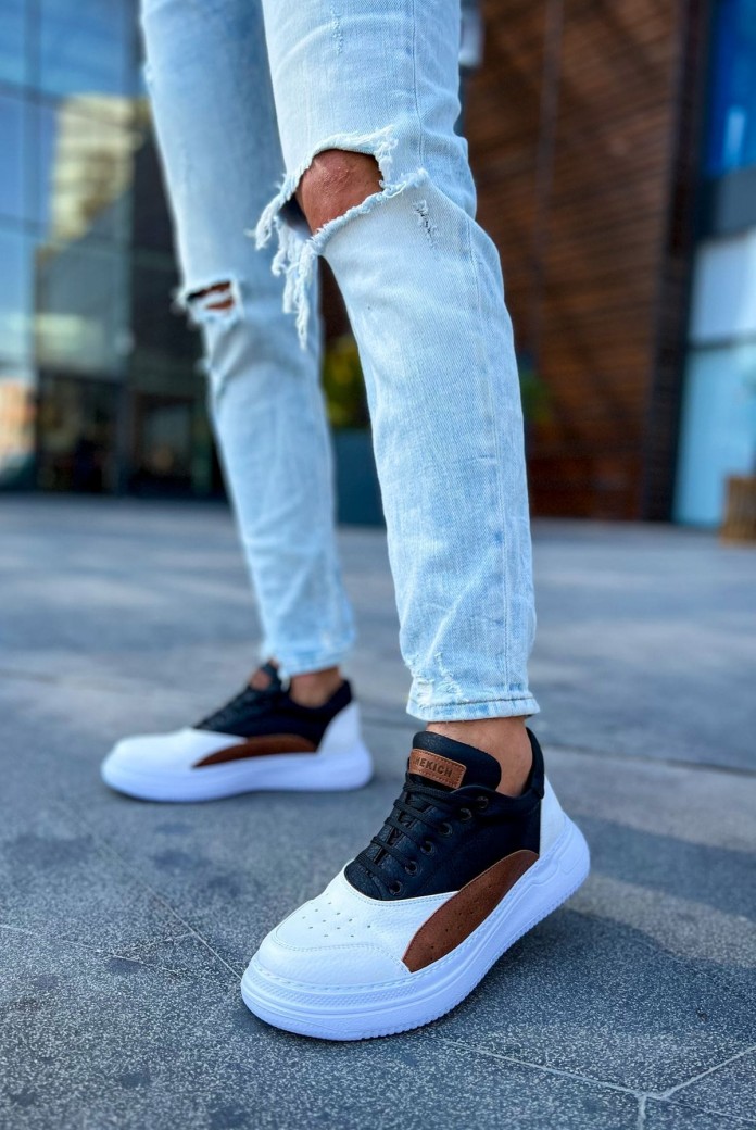 CH115 Literide Erkek Günlük Bağcıklı Cilt Spor Sneaker Ayakkabı CBT - Beyaz/Taba/Siyah