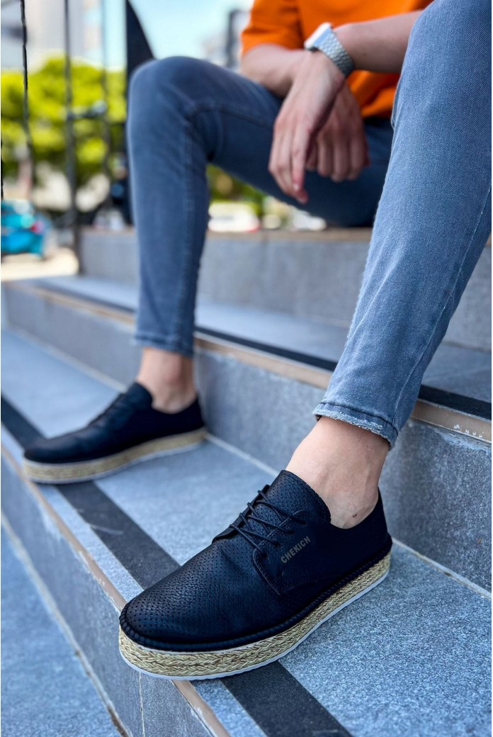 CH117 Stamina Nuova Erkek Günlük Bağcıklı Hasır Taban Cilt Klasik Ayakkabı CHT - Siyah