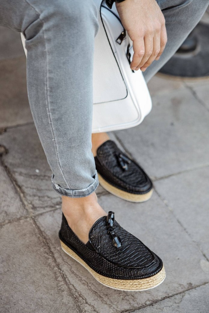 CH119 Tassels Erkek Günlük Bağcıksız Hasır Taban Loafer Cilt Klasik Ayakkabı CHT - Siyah