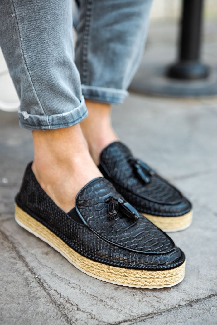 CH119 Tassels Erkek Günlük Bağcıksız Hasır Taban Loafer Cilt Klasik Ayakkabı CHT - Siyah