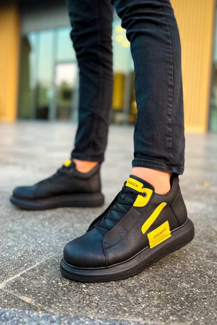 CH131 Frogner Erkek Spor Günlük Bağcıklı Cilt Bot CST - Siyah/Sarı