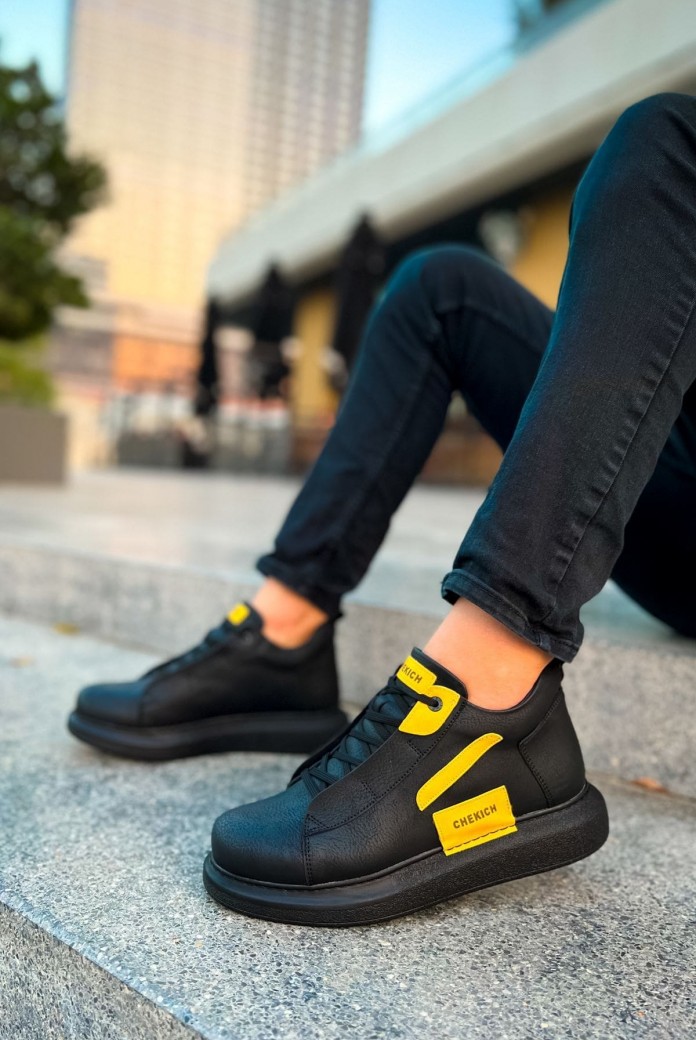 CH131 Frogner Erkek Spor Günlük Bağcıklı Cilt Bot CST - Siyah/Sarı