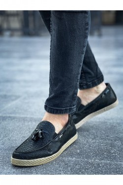 CH141 Croco Erkek Günlük Bağcıksız Hasır Taban Loafer Cilt Klasik Ayakkabı CHT - Siyah