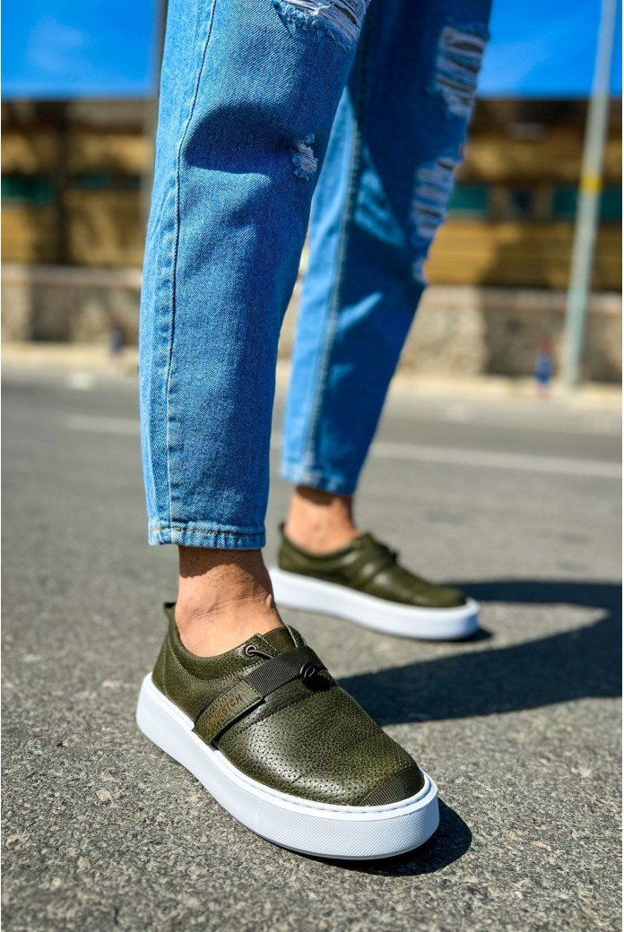 CH147 Dobeny Erkek Günlük Bağcıksız Cırtlı Cilt Spor Sneaker Ayakkabı CBT - Haki