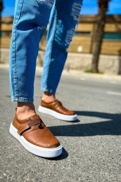 CH147 Dobeny Erkek Günlük Bağcıksız Cırtlı Cilt Spor Sneaker Ayakkabı CBT - Taba