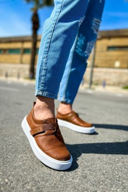CH147 Dobeny Erkek Günlük Bağcıksız Cırtlı Cilt Spor Sneaker Ayakkabı CBT - Taba