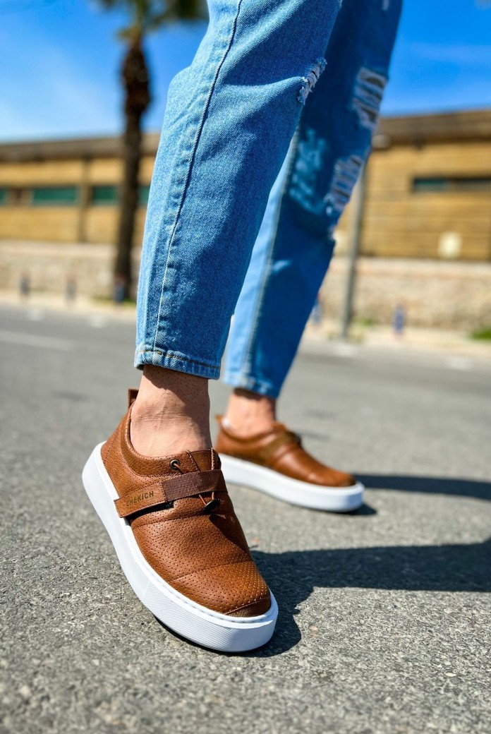 CH147 Dobeny Erkek Günlük Bağcıksız Cırtlı Cilt Spor Sneaker Ayakkabı CBT - Taba