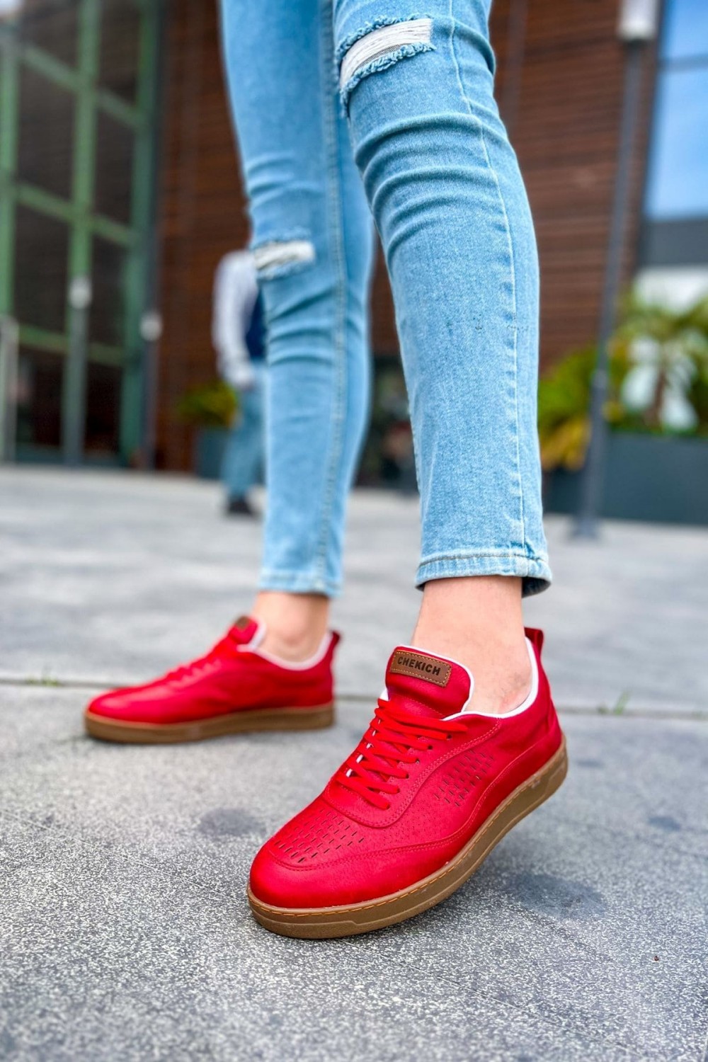 CH157 Retro Erkek Günlük Bağcıklı Krep Taban Cilt Spor Sneaker Ayakkabı CKT - Kırmızı