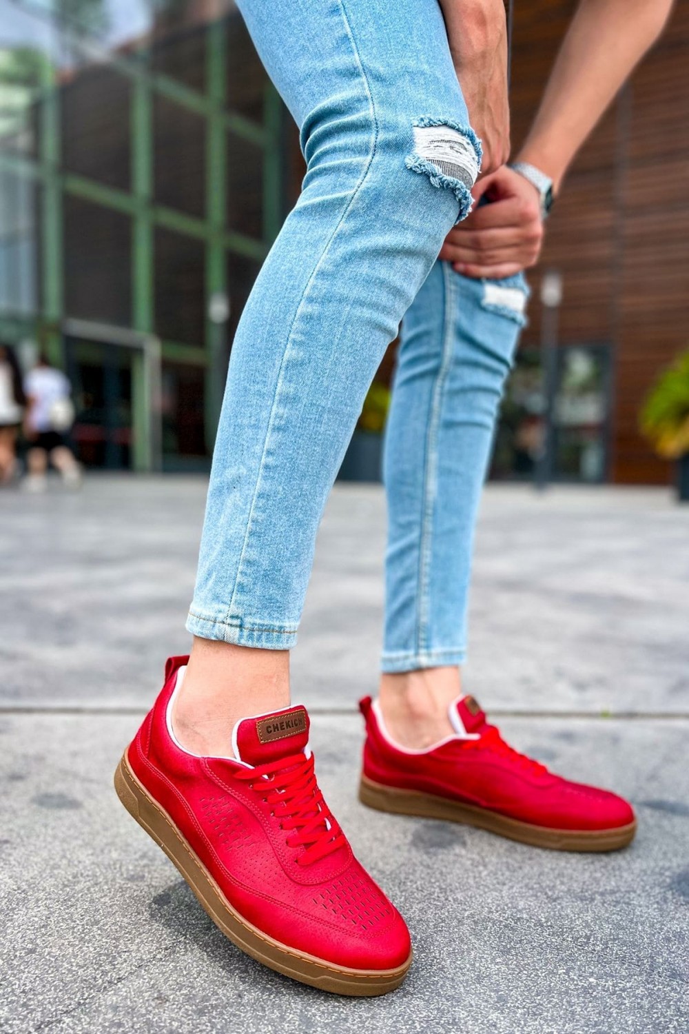 CH157 Retro Erkek Günlük Bağcıklı Krep Taban Cilt Spor Sneaker Ayakkabı CKT - Kırmızı
