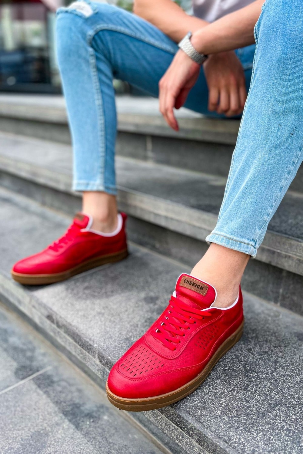 CH157 Retro Erkek Günlük Bağcıklı Krep Taban Cilt Spor Sneaker Ayakkabı CKT - Kırmızı