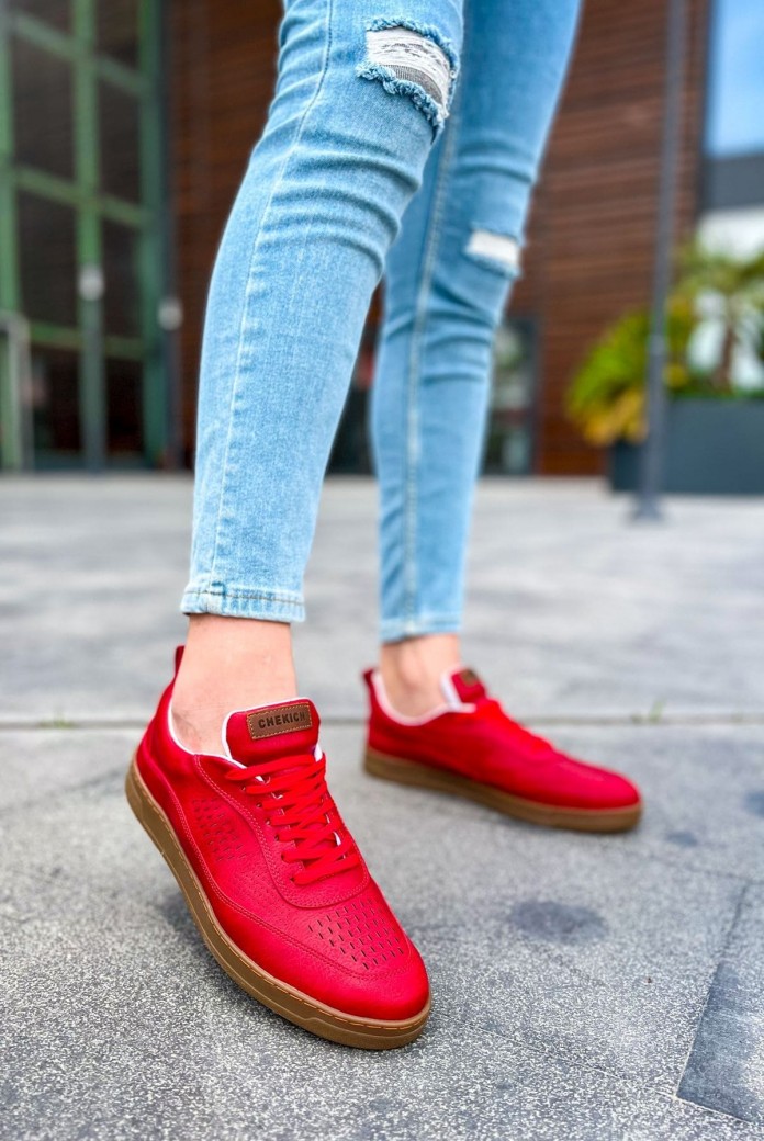 CH157 Retro Erkek Günlük Bağcıklı Krep Taban Cilt Spor Sneaker Ayakkabı CKT - Kırmızı