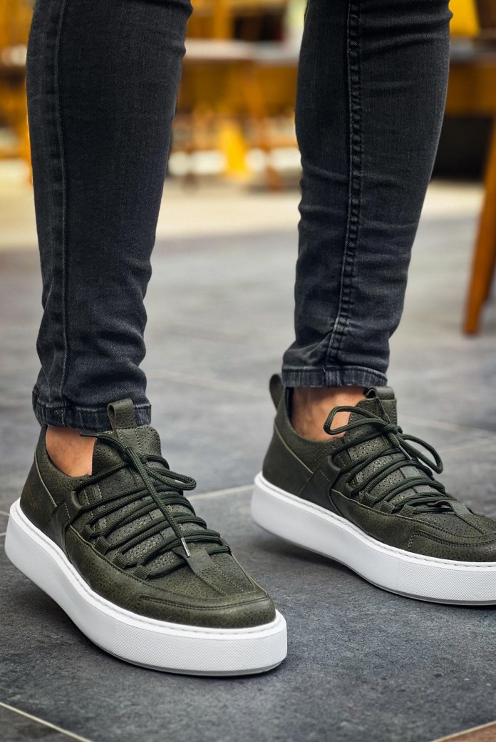 CH159 Saturn Erkek Günlük Bağcıklı Cilt Spor Sneaker Ayakkabı CBT - Haki