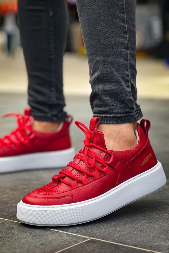 CH159 Saturn Erkek Günlük Bağcıklı Cilt Spor Sneaker Ayakkabı CBT - Kırmızı