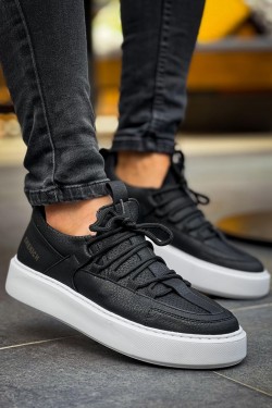 CH159 Saturn Erkek Günlük Bağcıklı Cilt Spor Sneaker Ayakkabı CBT - Siyah
