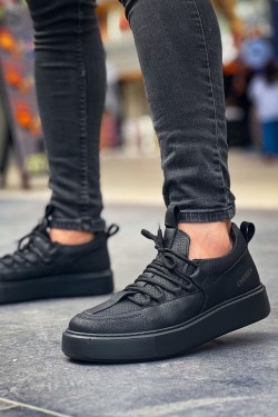 CH159 Saturn Erkek Günlük Bağcıklı Cilt Spor Sneaker Ayakkabı CST - Siyah