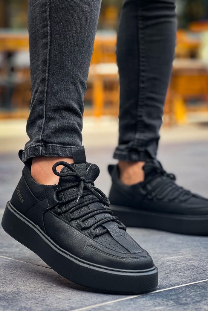 CH159 Saturn Erkek Günlük Bağcıklı Cilt Spor Sneaker Ayakkabı CST - Siyah