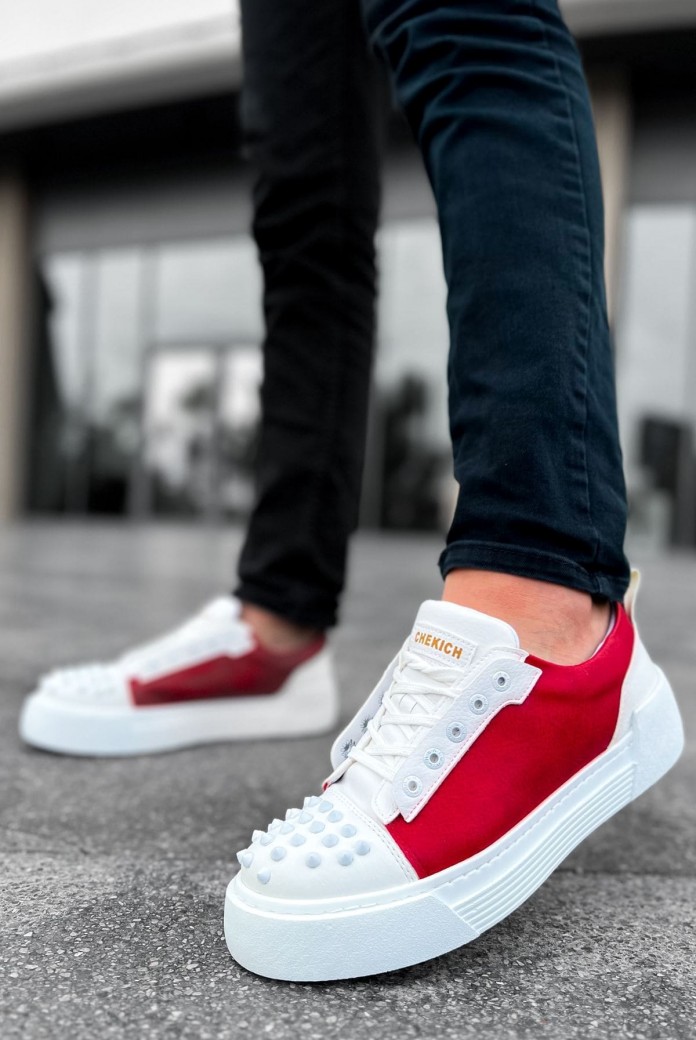 CH169 Thorn Erkek Günlük Bağcıklı Cilt Spor Sneaker Ayakkabı CBT - Beyaz/Kırmızı