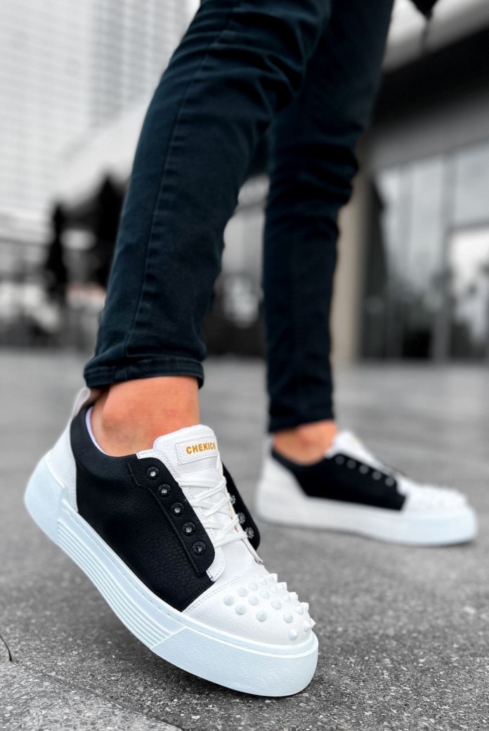 CH169 Thorn Erkek Günlük Bağcıklı Cilt Spor Sneaker Ayakkabı CBT - Beyaz/Siyah