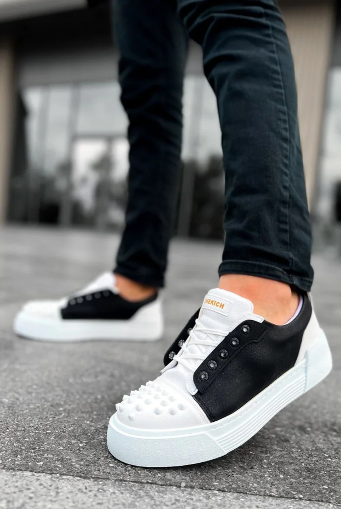 CH169 Thorn Erkek Günlük Bağcıklı Cilt Spor Sneaker Ayakkabı CBT - Beyaz/Siyah