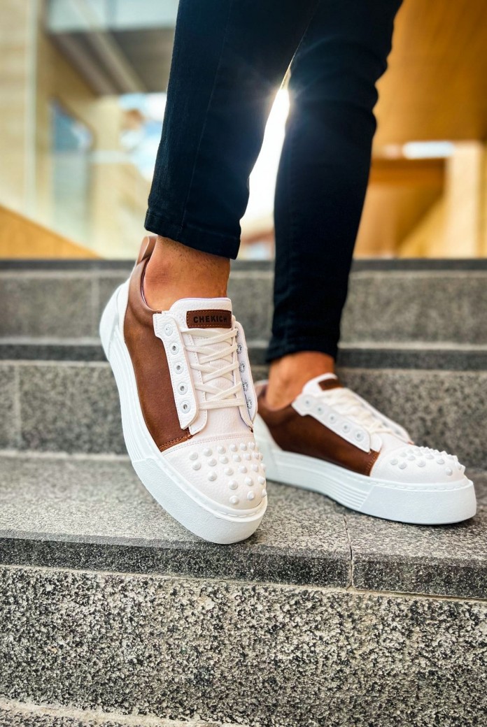 CH169 Thorn Erkek Günlük Bağcıklı Cilt Spor Sneaker Ayakkabı CBT - Beyaz/Taba