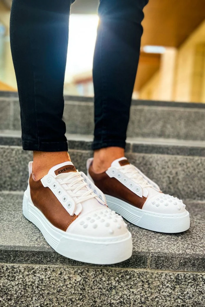 CH169 Thorn Erkek Günlük Bağcıklı Cilt Spor Sneaker Ayakkabı CBT - Beyaz/Taba