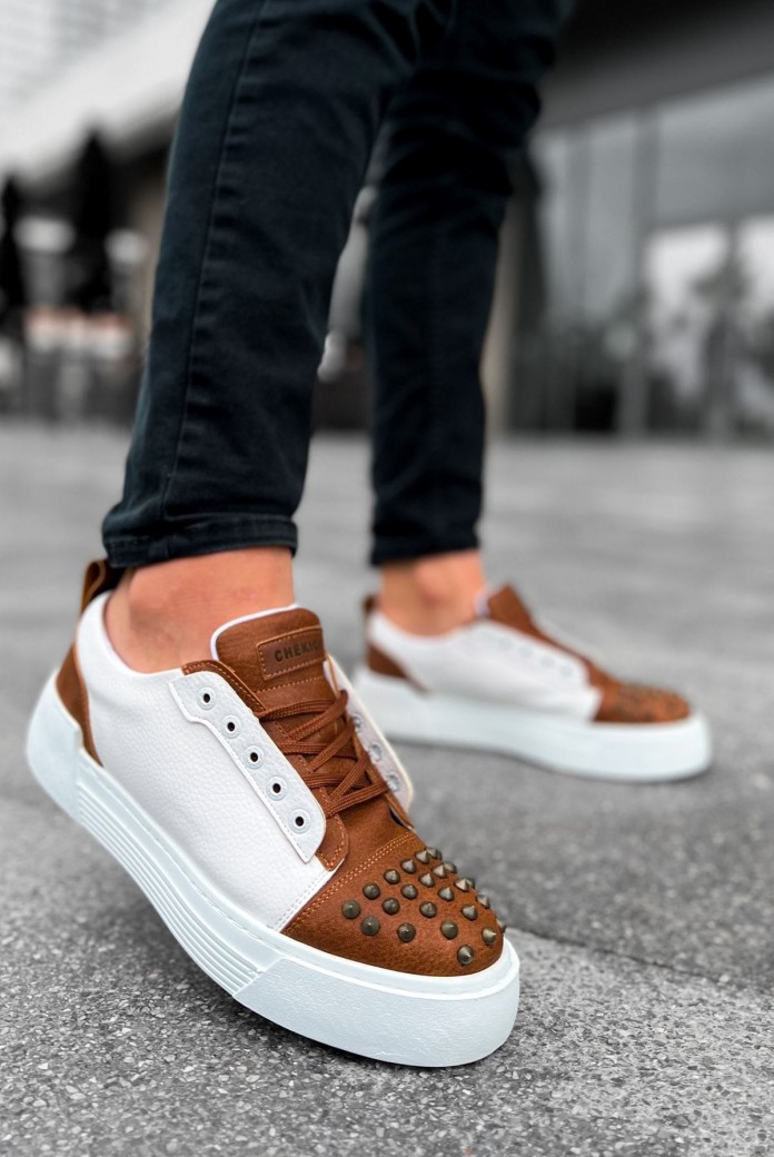 CH169 Thorn Erkek Günlük Bağcıklı Cilt Spor Sneaker Ayakkabı CBT - Taba/Beyaz