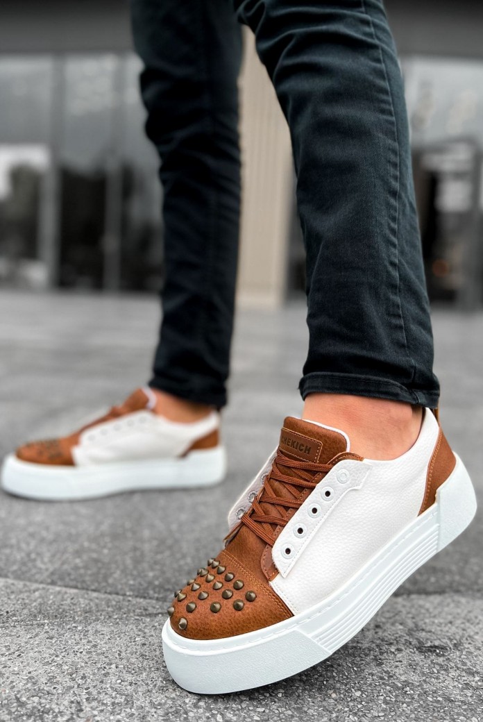 CH169 Thorn Erkek Günlük Bağcıklı Cilt Spor Sneaker Ayakkabı CBT - Taba/Beyaz