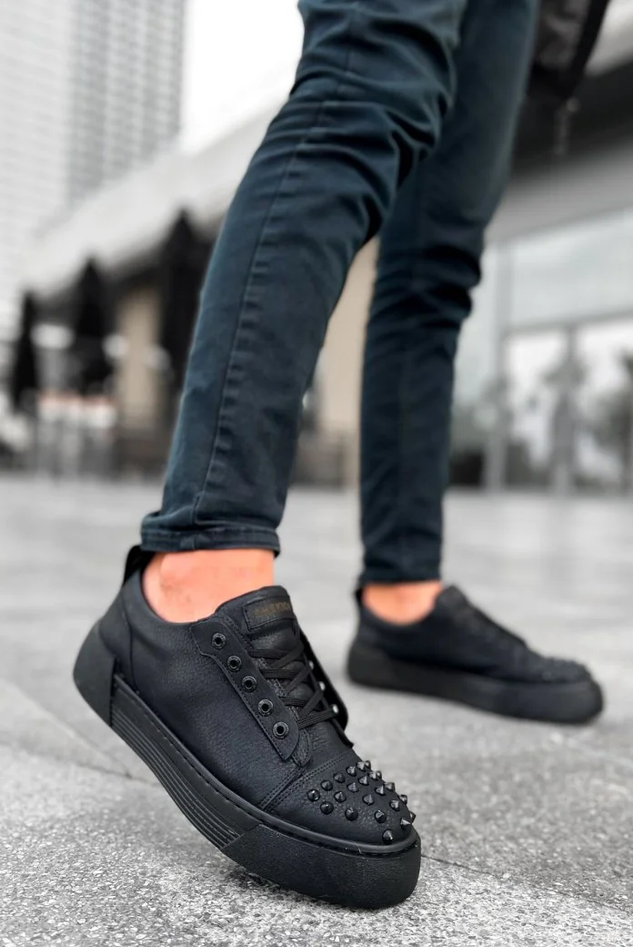 CH169 Thorn Erkek Günlük Bağcıklı Cilt Spor Sneaker Ayakkabı CST - Siyah