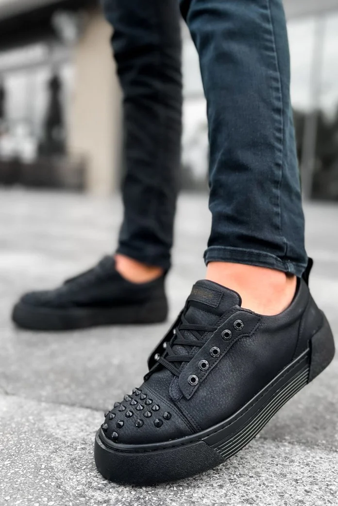 CH169 Thorn Erkek Günlük Bağcıklı Cilt Spor Sneaker Ayakkabı CST - Siyah